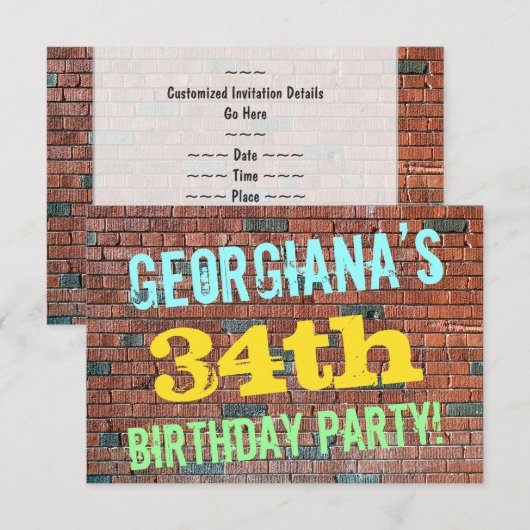 Brick Wall Graffiti geïnspireerd op 34e verjaardag Kaart (Voorkant / Achterkant)