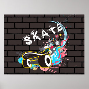 Brick Wall Schaats graffiti Logo met bordje Poster