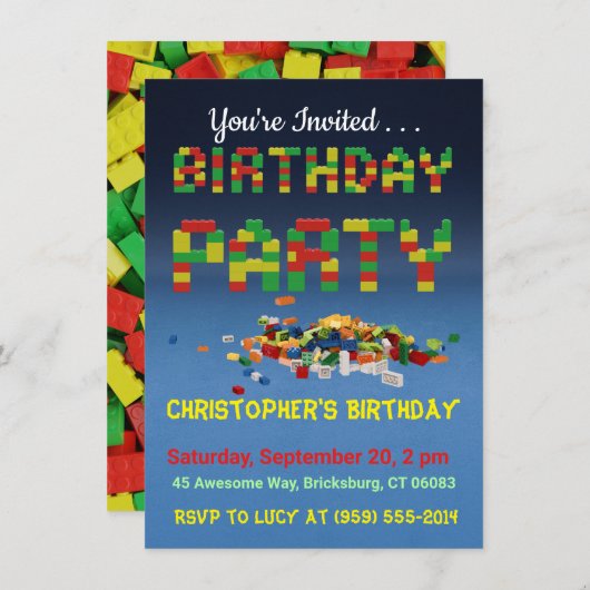 Brickbuilder Birthday Party Invitation Kaart (Voorkant / Achterkant)
