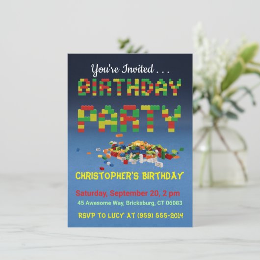 Brickbuilder Birthday Party Invitation Kaart (Staand voorkant)