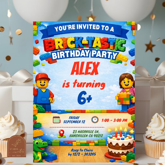 Bricks Colorful Boy Birthday Party Invitation Kaart
