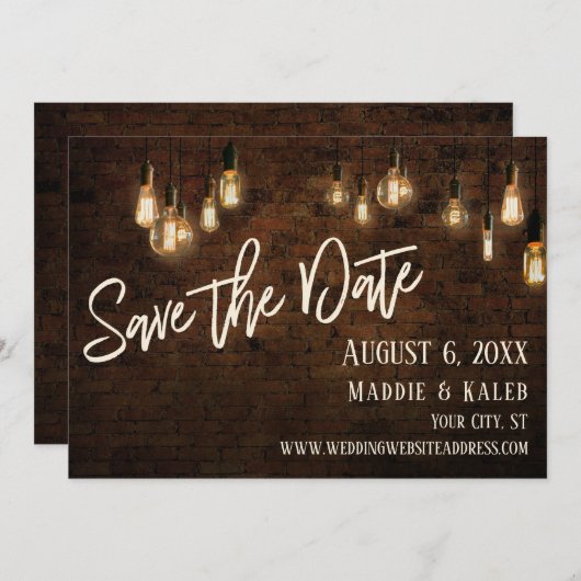 Bricks en Edison Lights Bewaar de datum w / Detail Save The Date (Voorkant / Achterkant)
