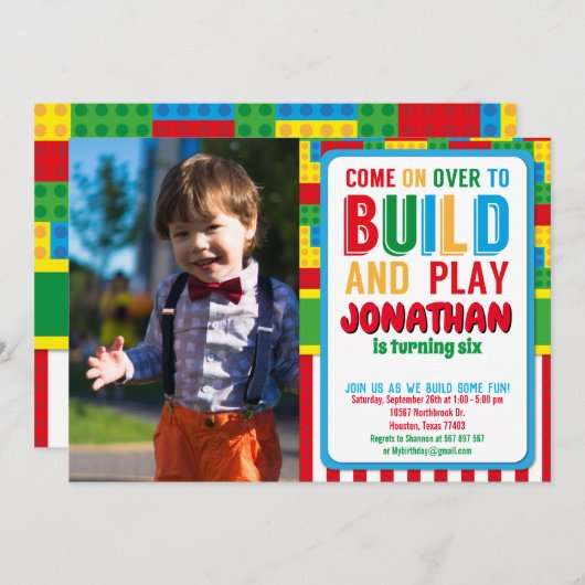 Bricks Party bouwsteen Birthday Kaart (Voorkant / Achterkant)