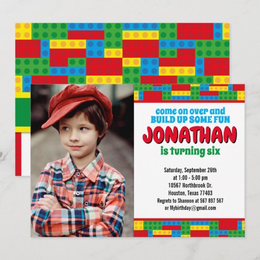 Bricks Party bouwsteen Birthday Kaart (Voorkant / Achterkant)
