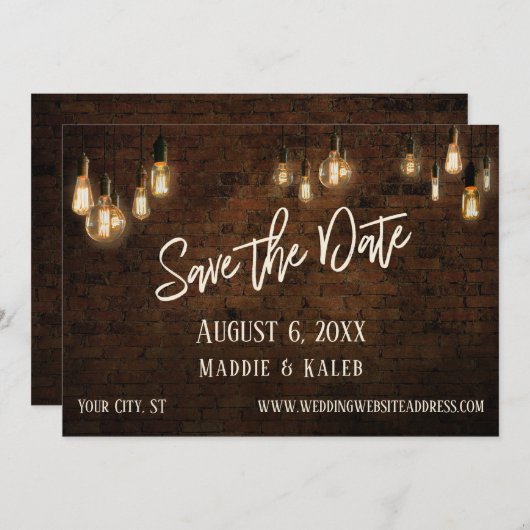 Bricks w / Edison Lights Bewaar de datum en detail Save The Date (Voorkant / Achterkant)