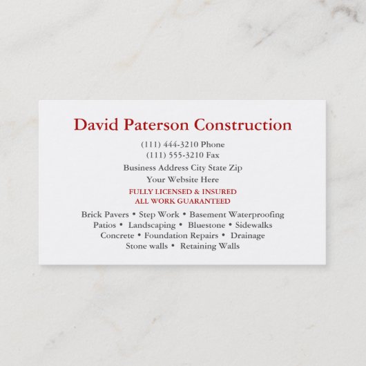 Bricks Wandbouw Carpenter Aannemer logo Visitekaartje (Achterkant)