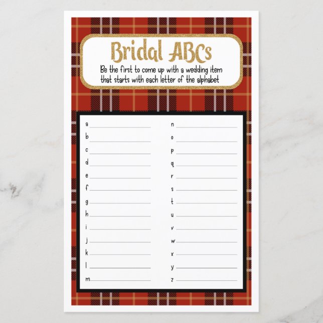 Bridal ABC Flannel en Frost Vrijgezellenfeest Game (Voorkant)