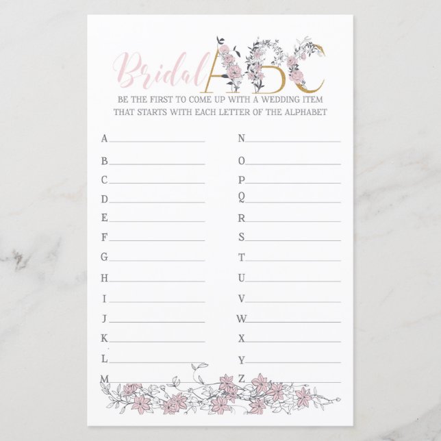 Bridal ABCs Botanisch Vrijgezellenfeest Game (Voorkant)