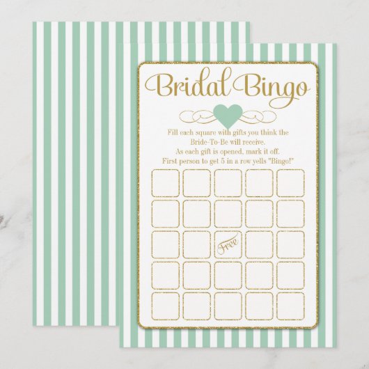 Bridal Bingo Mint Green Gold Vrijgezellenfeest Gam Kaart (Voorkant / Achterkant)