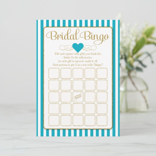 Bridal Bingo Turquoise Gold Vrijgezellenfeest Game Kaart (Staand voorkant)