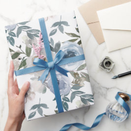 Bridal Blue en White Waterverf Rozen Cadeaupapier