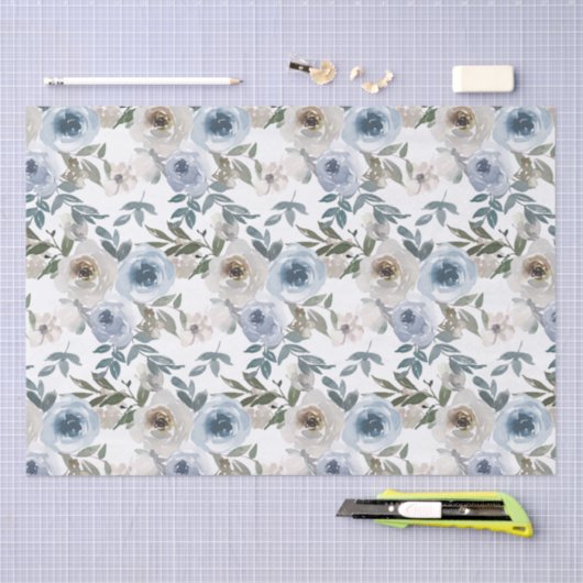 Bridal Blue en White Waterverf Rozen Tissuepapier (Craft)