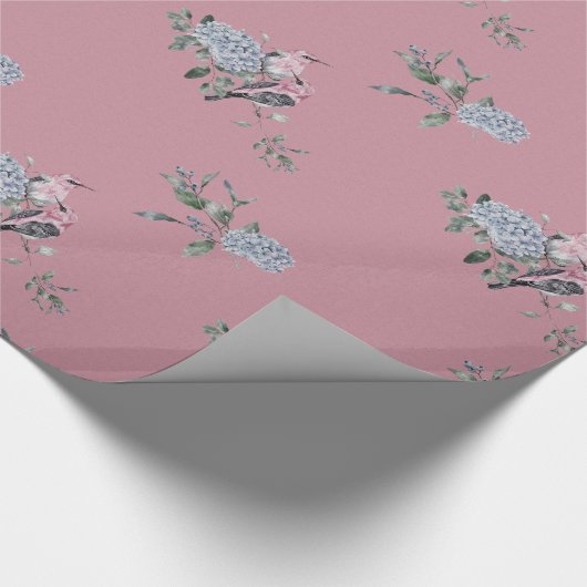 Bridal Blue Hydrangeas en vogels op roze Cadeaupapier (Hoek)