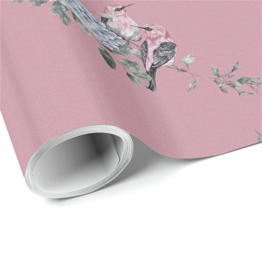 Bridal Blue Hydrangeas en vogels op roze Cadeaupapier (Rol Hoek)