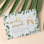 Bridal Brunch Champagne en Eucalyptus Vrijgezellen Kaart<br><div class="desc">Een klassiek thema met een moderne draai. Dit ontwerp kenmerkt een lijst van hand-geschilderde waterverf groen, een hand-briefed gouden manuscript, en een illustratie van twee champagneglazen. Uw douchedetails verschijnen in moderne sans serif typografie met de datum in een manuscriptdoopvont. Kaarten keren terug naar een pastelgele kleur. Klik op "Personaliseren" en...</div>