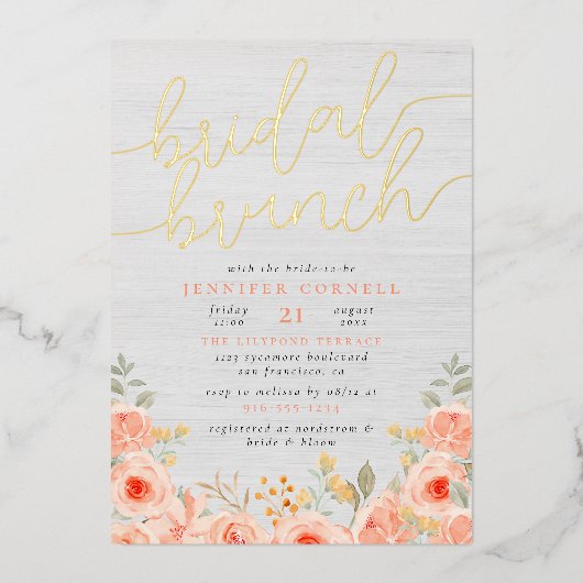 Bridal Brunch | Echte Waterverf Roos en grafisch s Folie Uitnodiging (Voorkant)