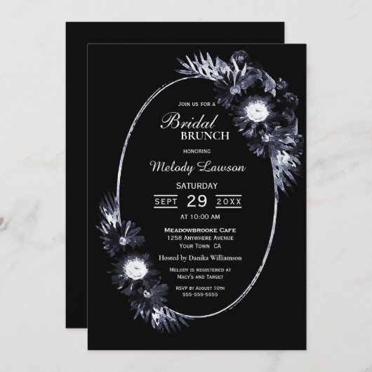 Bridal Brunch Elegant Moody Black Floral Kaart (Voorkant / Achterkant)