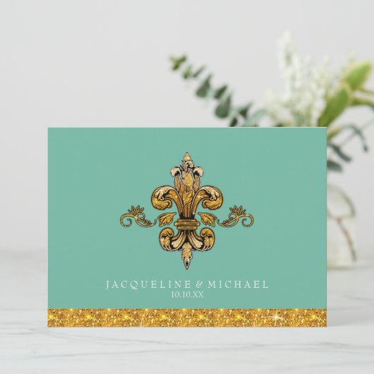 Bridal Brunch Faux Gold Blauwgroen Formal Fleur de Kaart (Staand voorkant)