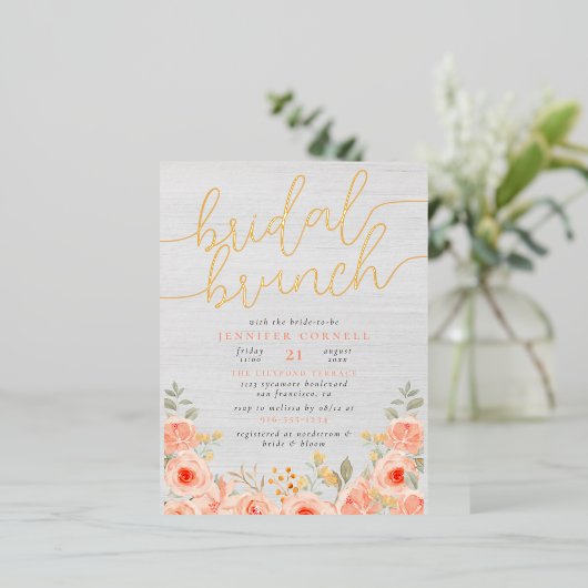 Bridal Brunch handgeschilderde Rozen & Manuscript  Folie Uitnodiging Briefkaart (Staand Voorkant)