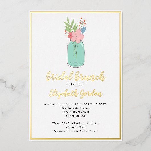 Bridal Brunch Shower Mason Jar Flowers Gold Foil Folie Uitnodiging (Voorkant)