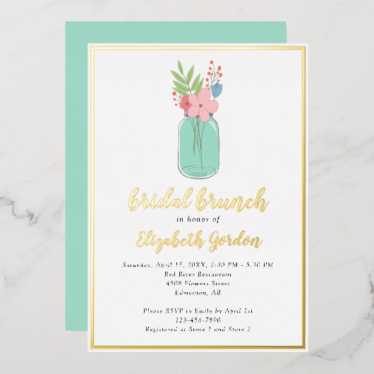 Bridal Brunch Shower Mason Jar Flowers Gold Foil Folie Uitnodiging (Voorkant / Achterkant)
