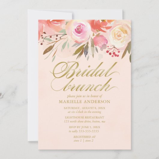 Bridal Brunch Waterverf Floral Blush Gold Script Kaart (Voorkant)