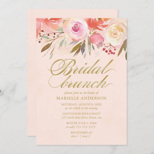 Bridal Brunch Waterverf Floral Blush Gold Script Kaart (Voorkant / Achterkant)
