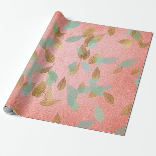 Bridal Coral Gold Falling Leafs Munt Cadeaupapier (Uitgerold)
