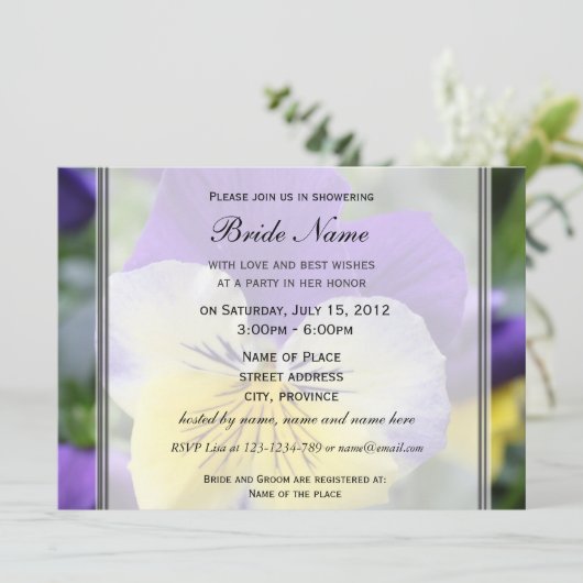 Bridal doucheuitnodiging, blauwe pansiebloem kaart (Staand voorkant)