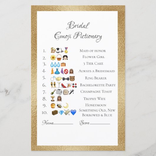 Bridal Emoji Pictionary Game Antwoorden papierblad (Voorkant)