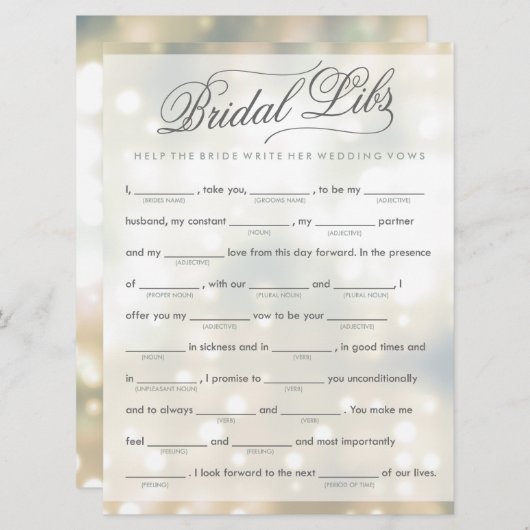Bridal Libs Bachelorette Party Game Kaart (elegant (Voorkant / Achterkant)