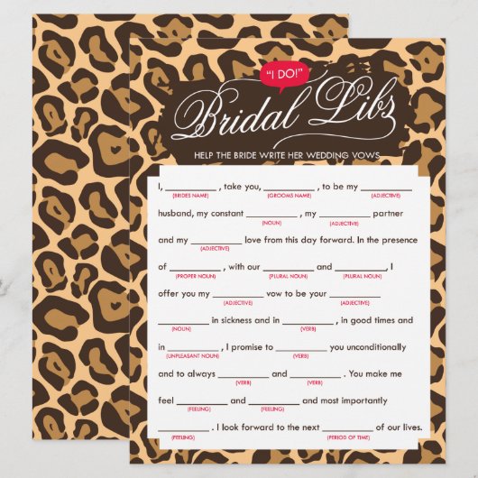 Bridal Libs Bachelorette Party Game Kaart (luipaar (Voorkant / Achterkant)