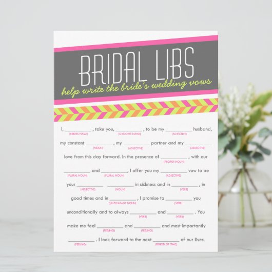 Bridal Libs Bachelorette Party Game Kaart (neon) (Staand voorkant)