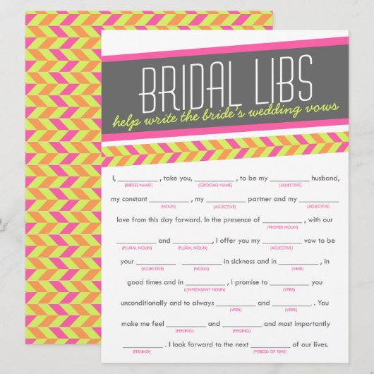 Bridal Libs Bachelorette Party Game Kaart (neon) (Voorkant / Achterkant)