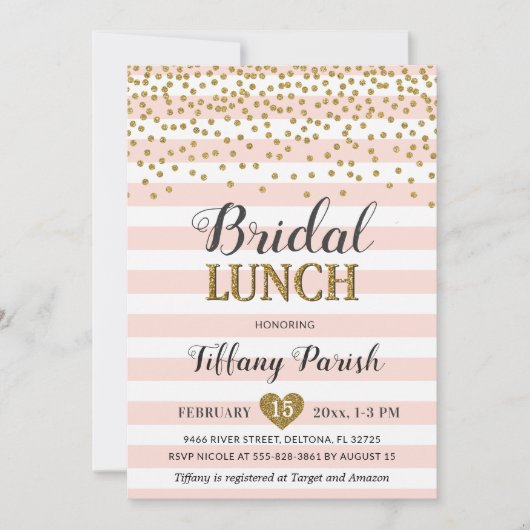 Bridal Lunch Invitting Blush Pink Gold Stripes Kaart (Voorkant)