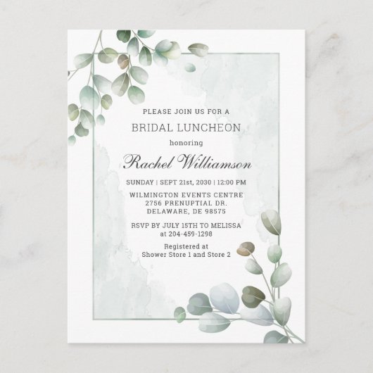 Bridal Luncheon Eucalyptus Greenery Waterverf Uitnodiging Briefkaart (Voorkant)