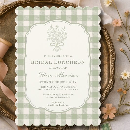  Bridal Luncheon Gingham Sage Green Floral Bow Kaart