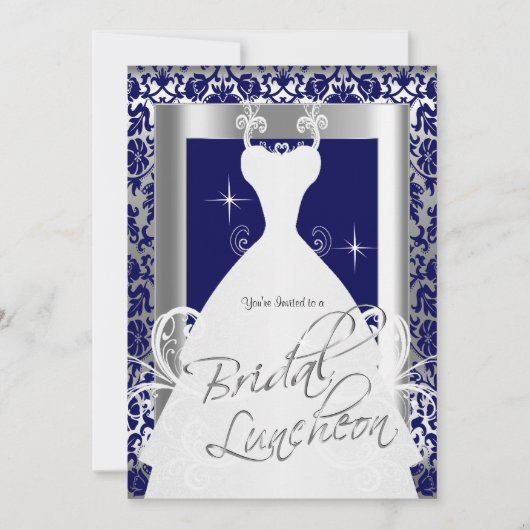 Bridal Luncheon in Navy Blue Damask & Silver Kaart (Voorkant)