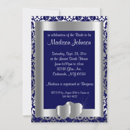 Bridal Luncheon in Navy Blue Damask & Silver Kaart (Achterkant)