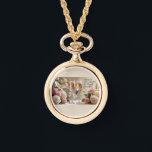 Bridal necklace watch-gold horloge<br><div class="desc">Timeless elegance meets romantic charm with this Happily Ever After gold necklace watch. Featuring delicate champagne glasses tied with satin bows and framed by soft roses, this piece is both a graceful accessory and a meaningful keepsake. Perfect for brides, bridesmaids, or as a heartfelt gift, it adds a classic touch...</div>
