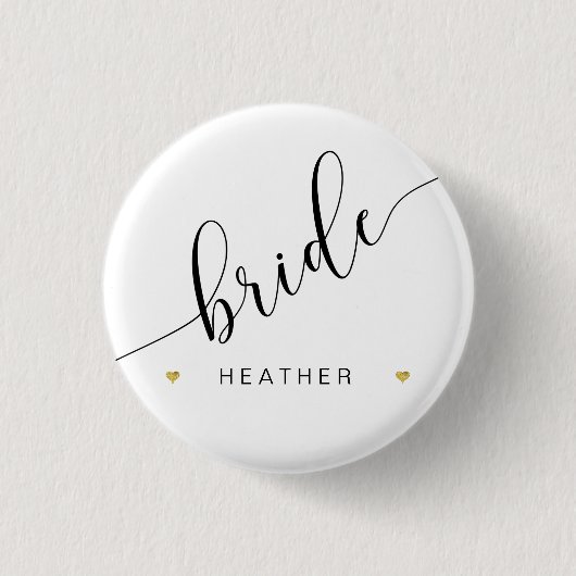 Bridal Party Bride Script Simple Moderne Gold Hear Ronde Button 3,2 Cm (Voorkant)