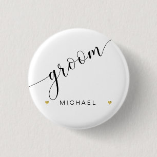 Bridal Party Groom Script Simple Moderne Gold Hear Ronde Button 3,2 Cm