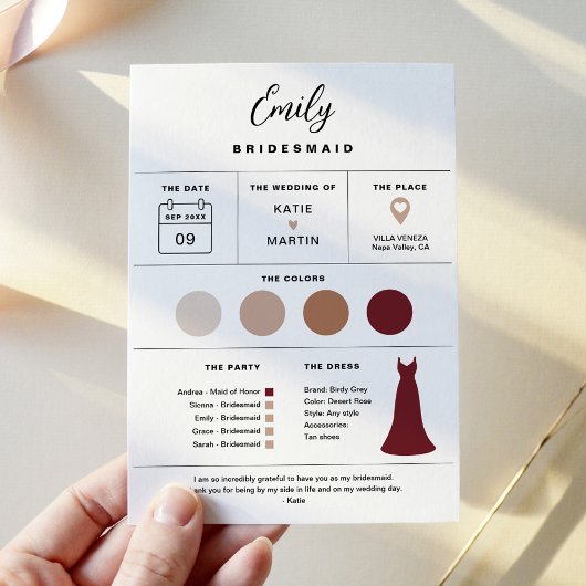 Bridal Party Info Kaart, Bridesmaid Attire Kaart
