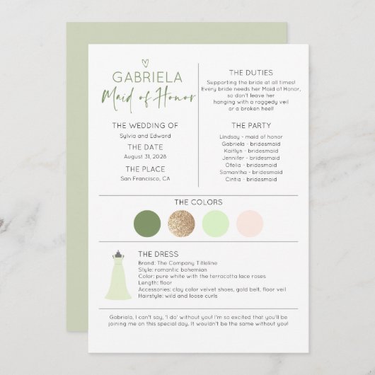 Bridal Party Maid of Honor Voorstel & Informatie (Voorkant / Achterkant)