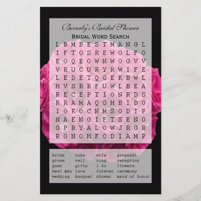 Bridal Party Shower Word Search Game - Rozen (Voorkant)