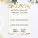 Bridal Scattergories bewerkbare Vrijgezellenfeeste Kaart<br><div class="desc">Koop dit bewerkbare spel en geniet van een Bridal Scattergories-kaart van hoge kwaliteit voor uw evenement! Dit is een game-sjabloon,  je kunt de tekst wijzigen zoals je wilt. Gold confetti design.</div>