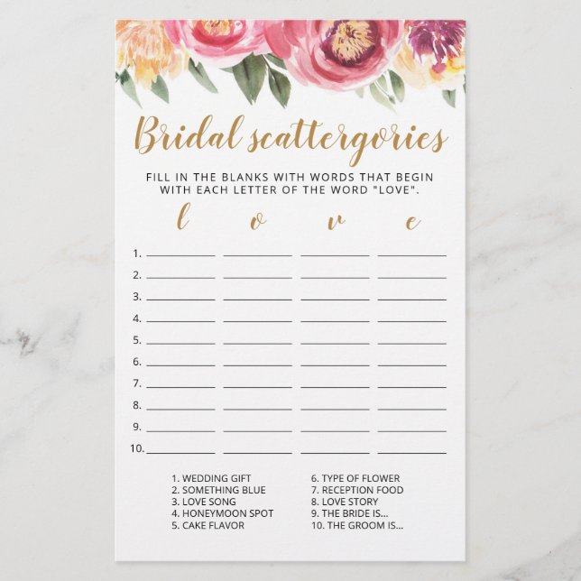 Bridal Scattergories editable game Vrijgezellenfee (Voorkant)