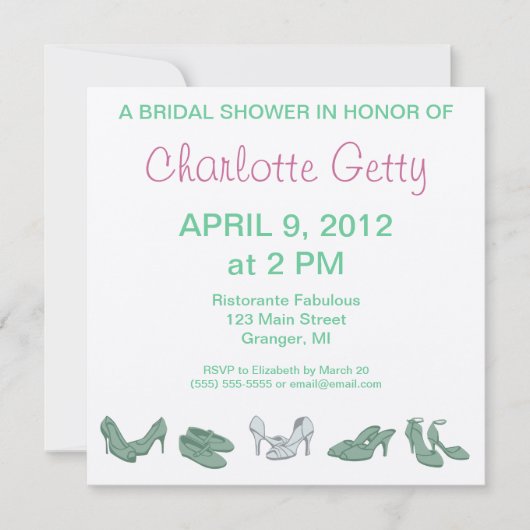 Bridal Shoes Bridal Shower Invitations Green/White Kaart (Voorkant)