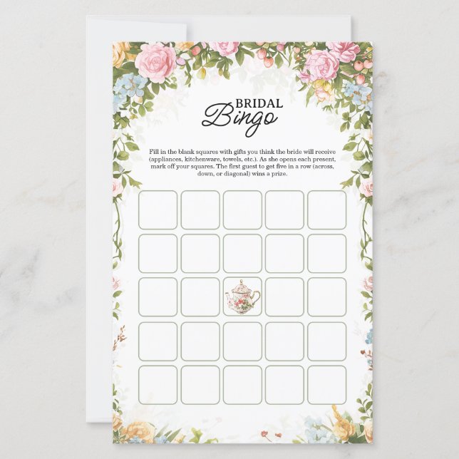 Bridal Shower Bingo Game Card Garden Party Theme (Voorkant)