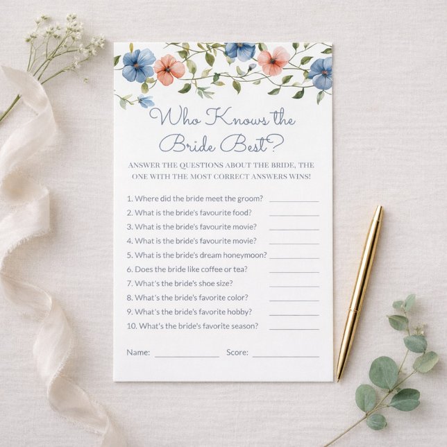 Bridal Shower Blue Floral Who Knows the Bride Game (Creator heeft geüpload)